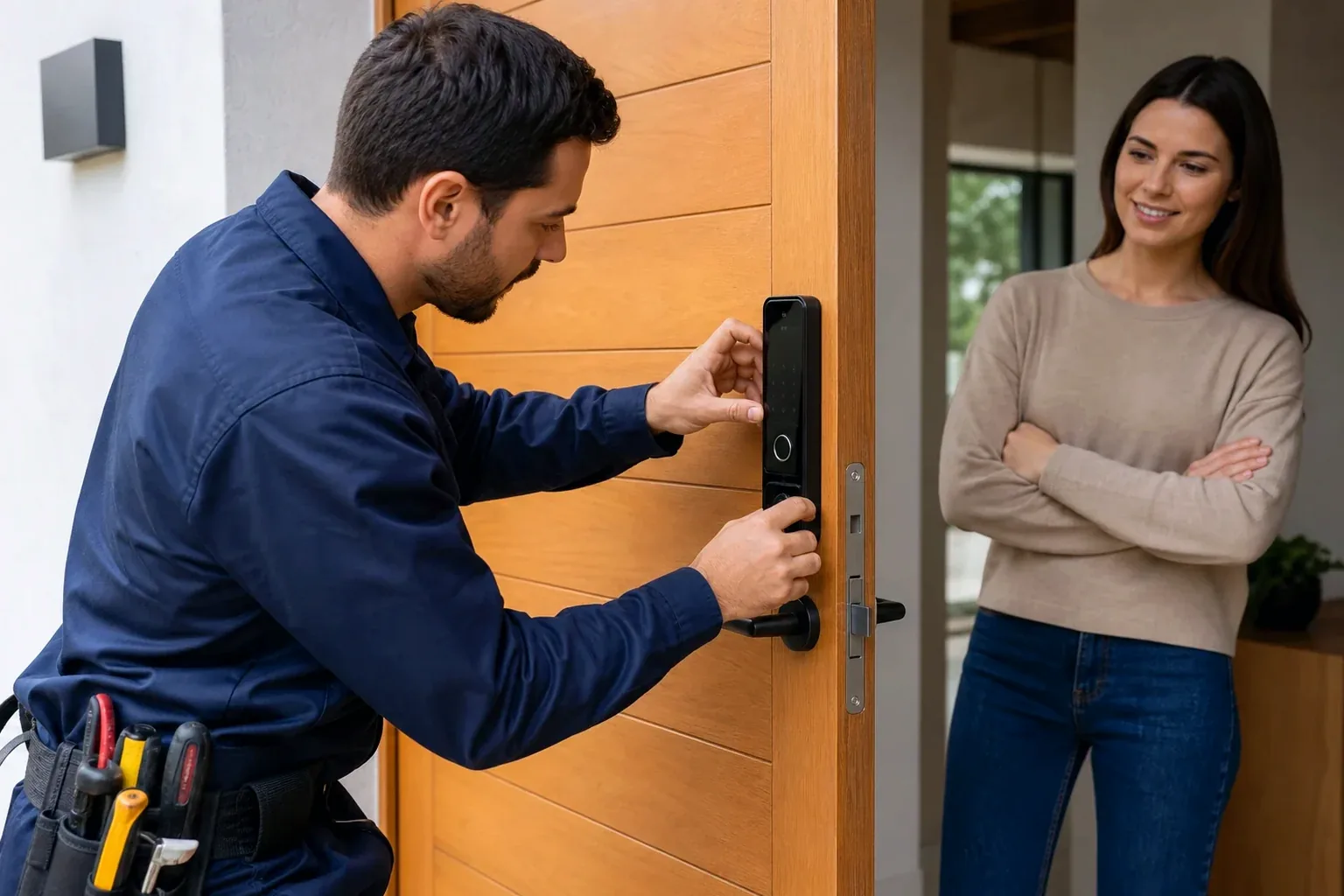 Chaveiro instalando uma fechadura digital em uma porta.