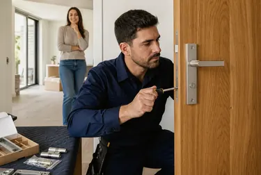Chaveiro realizando a instalação de uma nova fechadura em uma porta.