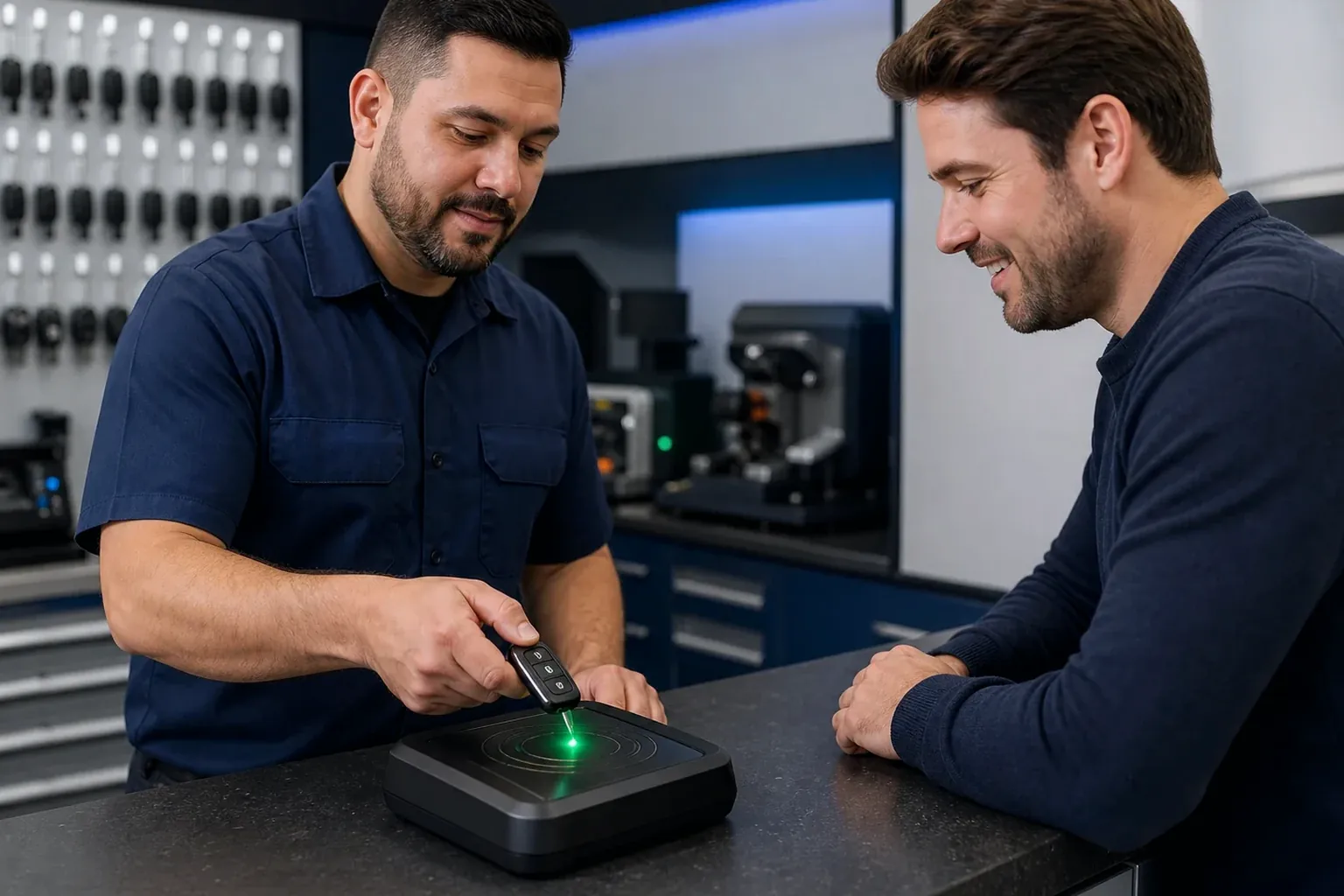 Chaveiro realizando a programação de um controle remoto de carro.