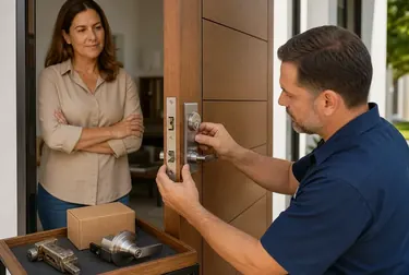 Chaveiro realizando a troca de uma fechadura em uma porta.