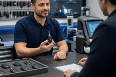 Chaveiro utilizando equipamentos para confeccionar chaves codificadas.